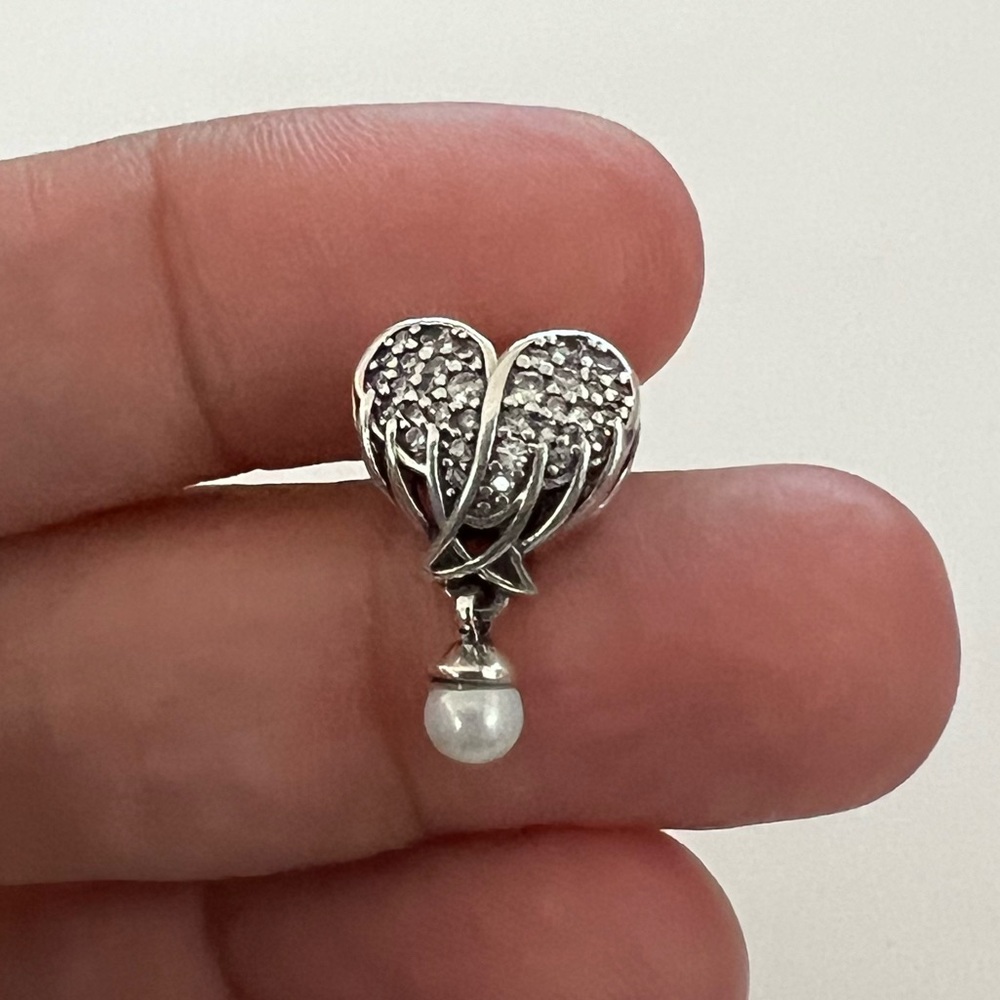 CZ Angel Heart Wings with Pearl Drop